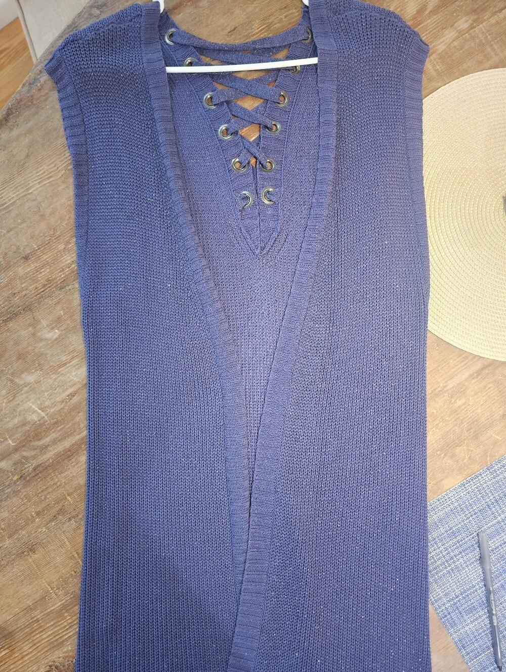 Chico's Maureen Lace-Back Metallic Sweater Vest Tunic Blue Sparkle OS EUC